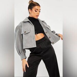 Soft Gray Cropped Blazer Versatile Suit Jacket Button Up Pouf Sleeves